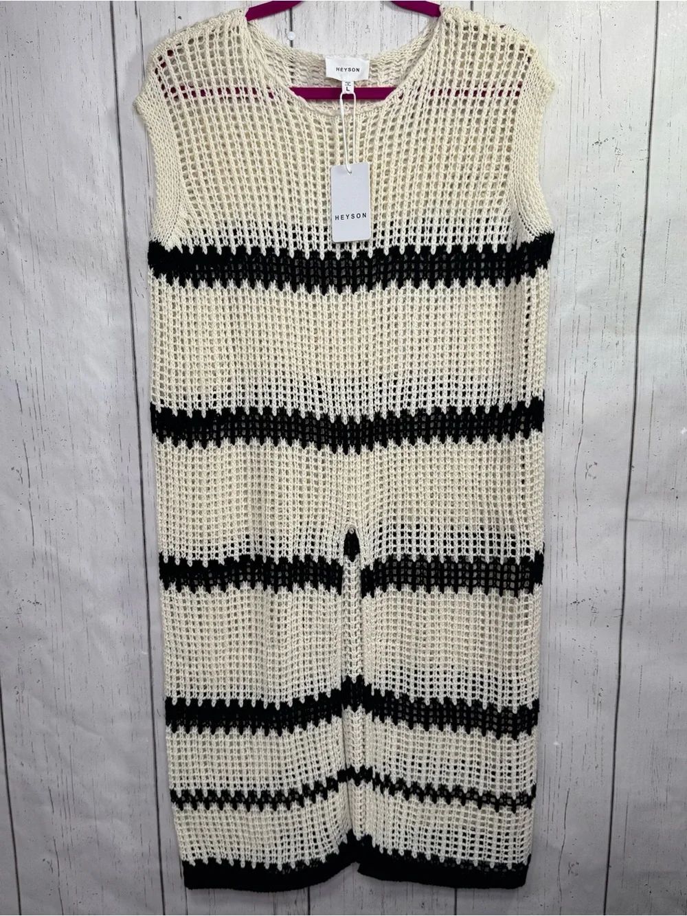 Heyson NWT Cream Black Open Knit Crochet Cover Up Dress Size L Coastal Boho